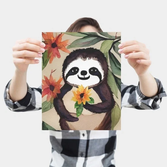 Wall Art Watercolor Floral Cute Sloth Illustration Print Poster Card Unframed - Picture 3 of 5